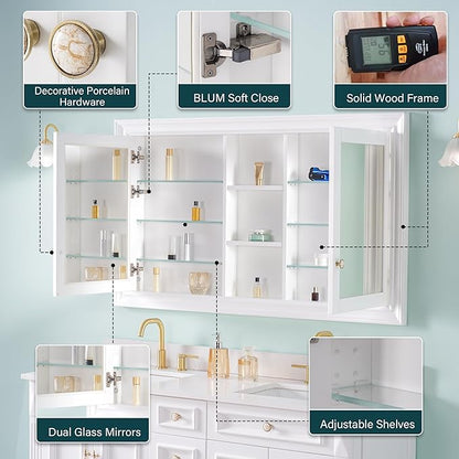 WELLFOR 55"x 32" Bathroom Medicine Cabinet with Dual Mirrors, Recessed Wood Medicine Cabinet with Built-in 6-Tier Adjustable Glass Shelves and 2 Soft-Close Doors, Recessed Mount Only