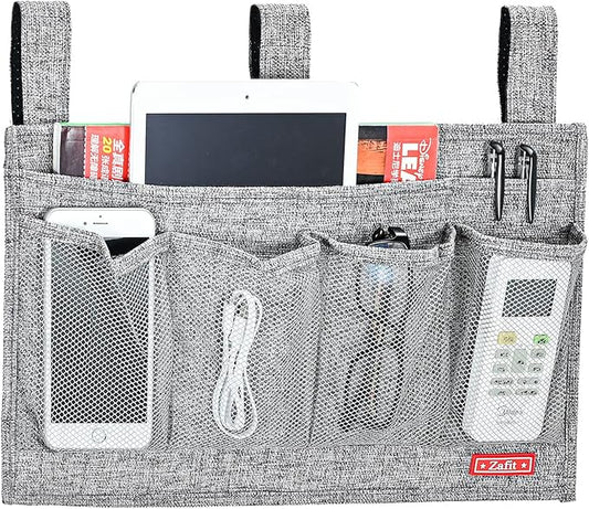 Zafit Linen Bedside Caddy, Bedside Storage Organizer for Hospital Beds, College Dorm Rooms or Baby Bed (6 Pockets-Grey)