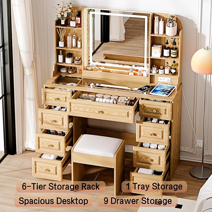 43" Makeup Vanity Desk with Mirror and Lights, & Power Outl, Glass Top Big Vanity Table with 9 Drawers& 8 Storage Shelves, Dressing Table Set with Chair for Bedroom, Wood