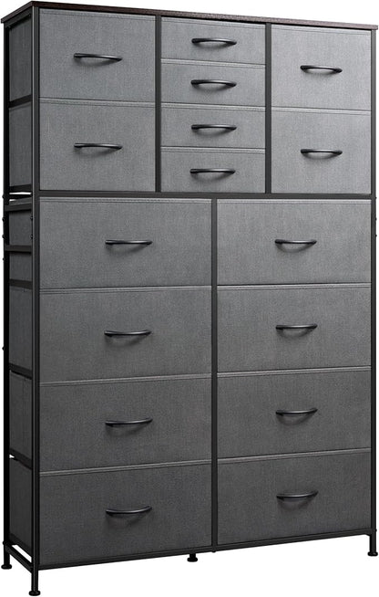 Tall Console Table with 16 Fabric Drawers, Entryway Table with Storage, Large Storage Organizer with Wood Top, Steel Frame for Living Room, Hallway, Office, Dark Grey