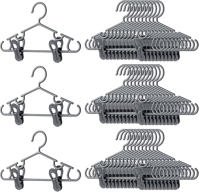 Hsei 5/10/40 Pack Baby Hangers with 10/20/80 Clips, Plastic Kids Pants Hangers for Nursery Closet Top and Bottom Clothes Hanger Set for Newborn Infant Toddler(120 Packs Total,Gray,10.6 Inch)