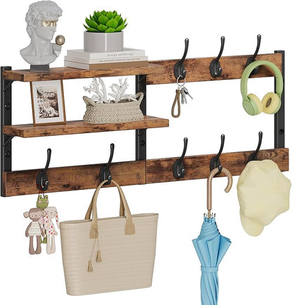 Homeiju 28.7" Coat Rack Wall Mount with Shelf, Key Hooks for Wall with Shelf, Coat Hooks Wall Mounted with 8 Heavy Duty Double Hooks for Bedroom,Living Room, Rustic Brown (8 Hooks)