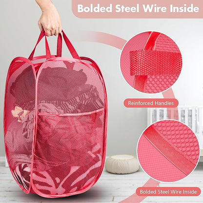 DUCOO Pop Up Laundry Hamper, 70L Collapsible Mesh Laundry Basket with Side Pocket, Foldable Dirty Clothes Hamper with Sturdy Reinforced Handles for Home Dorm Bedroom Travel Bathroom Storage, Red