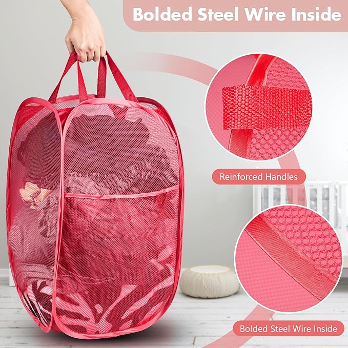 DUCOO Pop Up Laundry Hamper, 70L Collapsible Mesh Laundry Basket with Side Pocket, Foldable Dirty Clothes Hamper with Sturdy Reinforced Handles for Home Dorm Bedroom Travel Bathroom Storage, Red