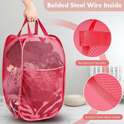 DUCOO Pop Up Laundry Hamper, 70L Collapsible Mesh Laundry Basket with Side Pocket, Foldable Dirty Clothes Hamper with Sturdy Reinforced Handles for Home Dorm Bedroom Travel Bathroom Storage, Red