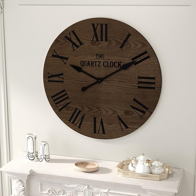 ARTPOWER Large Farmhouse Wall Clock, 35.5” Shiplap Wall Clock with Roman Numeral, Nearly Non-Ticking, Round Wall Clocks for Living Room Decor, Office, Bedroom, Entrance, Brown