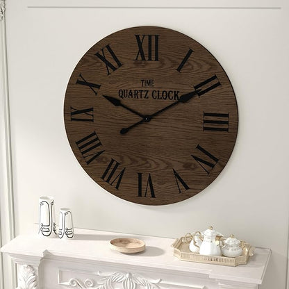 ARTPOWER Large Farmhouse Wall Clock, 35.5” Shiplap Wall Clock with Roman Numeral, Nearly Non-Ticking, Round Wall Clocks for Living Room Decor, Office, Bedroom, Entrance, Brown