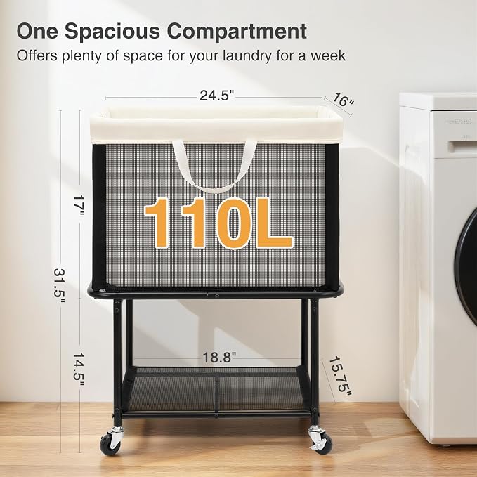 STO STO Rolling Laundry Hamper with Lockable Wheels, 29-Gallon (110L) Laundry Cart with Removable Canvas Bag, 2-Tier Clothes Basket Hamper with Shelf for Closet, Bedroom, Bathroom, Laundry Room, Beige