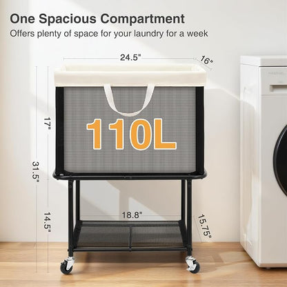 STO STO Rolling Laundry Hamper with Lockable Wheels, 29-Gallon (110L) Laundry Cart with Removable Canvas Bag, 2-Tier Clothes Basket Hamper with Shelf for Closet, Bedroom, Bathroom, Laundry Room, Beige
