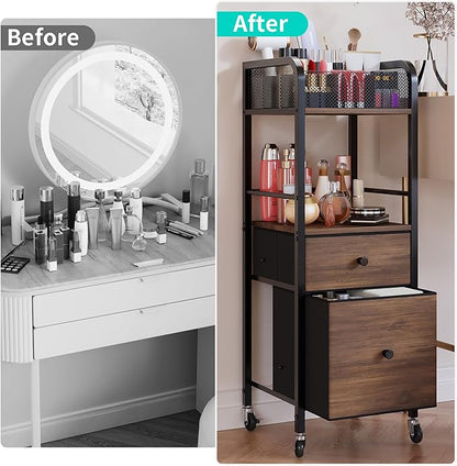 HapiRm Rolling Makeup Cart Organizer - Floor Skincare Make Up Storage with 2 Non-woven Fabric Drawers, Vanity Organizer Cosmetic Display Cases Holder for Skin Care Perfume Nail Polish Brush Hair Tool