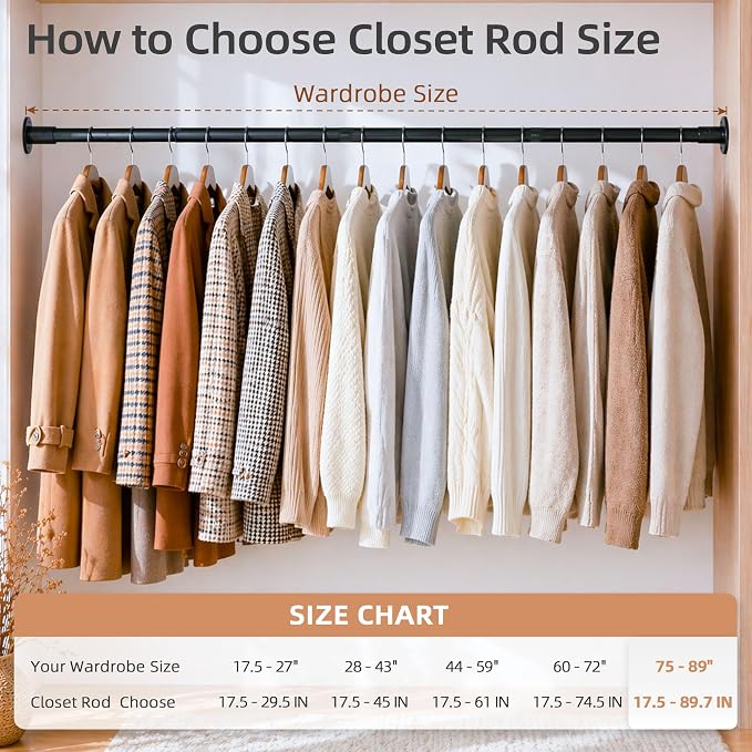 STORAGE MANIAC Closet Rods for Hanging Clothes 17.5 to 89.7 Inches Heavy Duty Stepless Adjustable Closet Hanging Rod 1.2 Inch Diameter Metal Closet Rod for Wardrobe Bathroom Bedroom Laundry RV, Black
