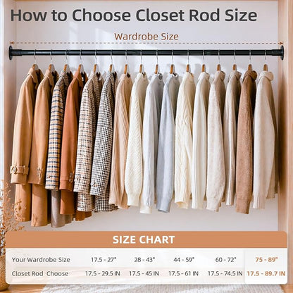STORAGE MANIAC Closet Rods for Hanging Clothes 17.5 to 89.7 Inches Heavy Duty Stepless Adjustable Closet Hanging Rod 1.2 Inch Diameter Metal Closet Rod for Wardrobe Bathroom Bedroom Laundry RV, Black
