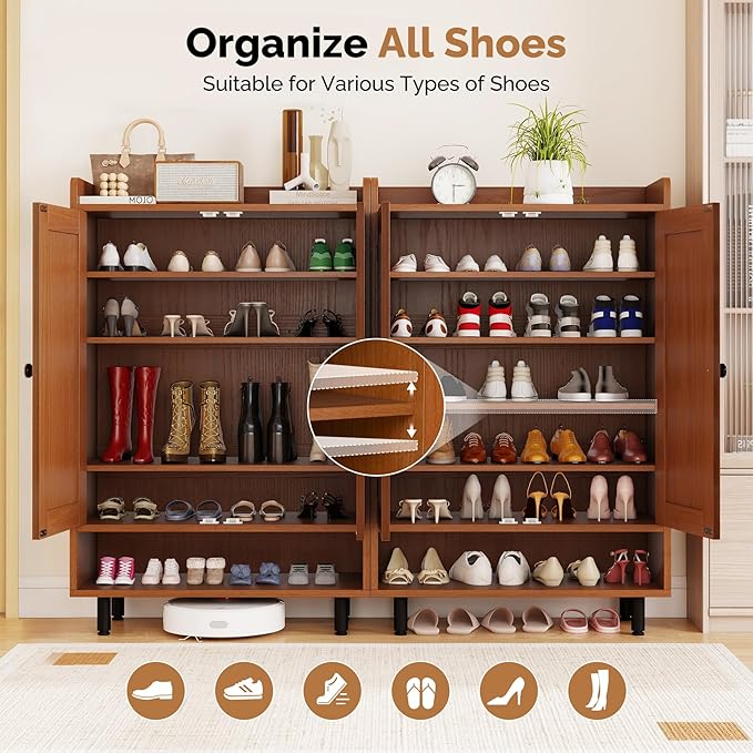 Farmhouse Shoe Cabinet with Doors, 6-Tier Wooden Shoe Organizer with Adjustable Shelves, Entryway Storage Cabinet with Metal Legs, Rustic Shoe Storage for Entryway or Living Room (Walnut)