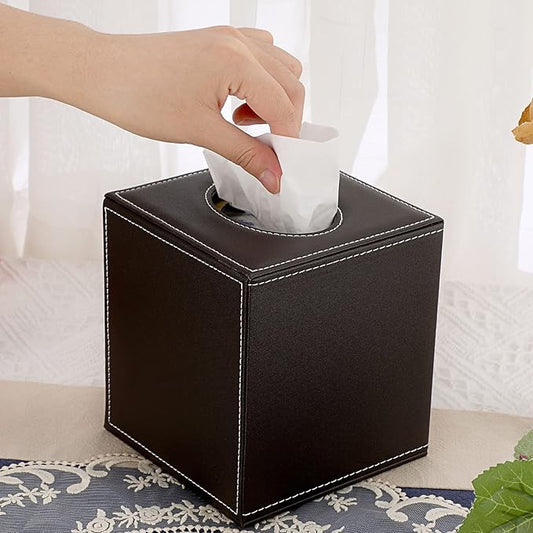 Sumnacon Square Leather Tissue Box Cover - Stylish Cube Tissue Box Holder with Magnetic Bottom, Decorative PU Tissue Box for Vanity Dresser Night Stand Table Countertop Home Office Car, Brown