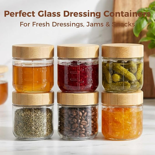HomArtist 4oz Glass Salad Dressing Containers with Bamboo Lids - 6 Pack Small Airtight Condiment Cups, Mini Sauce Jars for Picnic, Ketchup, Dip & Snacks, Leakproof, BPA-Free & Dishwasher Safe