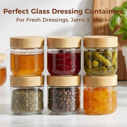 HomArtist 4oz Glass Salad Dressing Containers with Bamboo Lids - 3 Pack Small Airtight Condiment Cups, Leakproof Mini Sauce Jars for Picnic, Ketchup, Dip & Snacks, BPA-Free & Dishwasher Safe