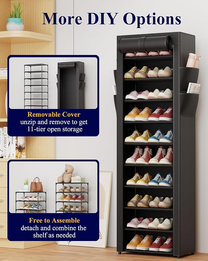 Kitsure Shoe Rack - 10-Tier Large Capacity Shoe Organizer Shelf with Dust Cover & Side Pockets, Rust-Proof Metal Shoe Rack for Closet, Entrance, Living Room, 17.5" x 12.4" x 69.3", Black