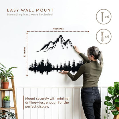Wita Home Mountain and Forest Metal Wall Art, Wall Mounted Home Decor, Pine Trees and Nature Wall Art for Living Room, Bedroom or Office, Large Outdoor Wall Decor, Nature Christmas Decor (Black Mountain-Black Forest, 48x32 inches)