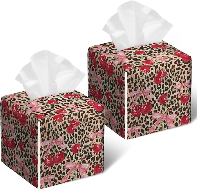 Pink Cherry Bow Tissue Box Cover 2PCS, Leopard Leather Tissue Box Holder Square Facial Paper Case Tissue Box Cube Organizer for Bathroom Bedroom Desk Office