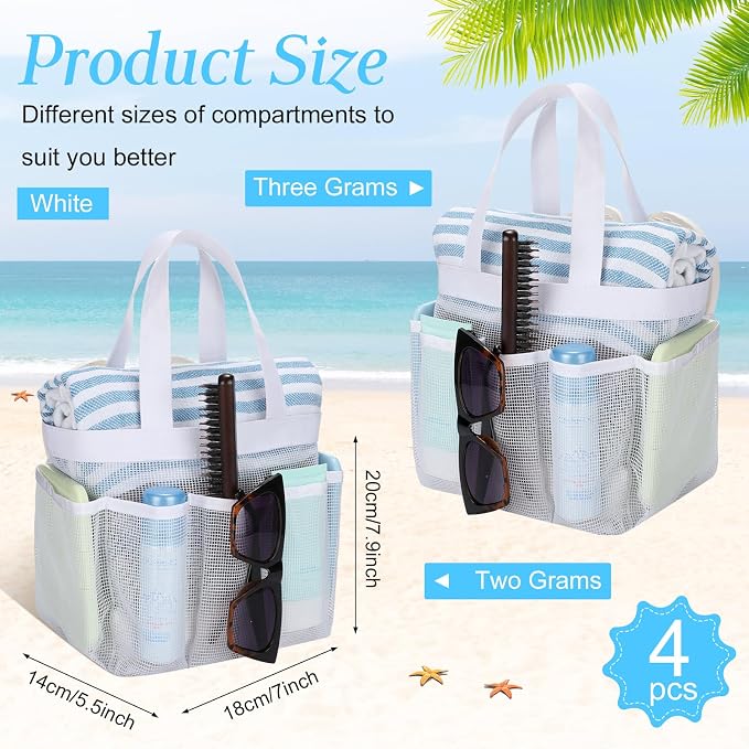 Hillban 4 Pcs Mesh Shower Caddy Portable Shower Caddy for Dorm Beach Mesh Bags with Deeper 8 Pockets and Handles Showers Caddies Basket for Women College Room Vacation(White)
