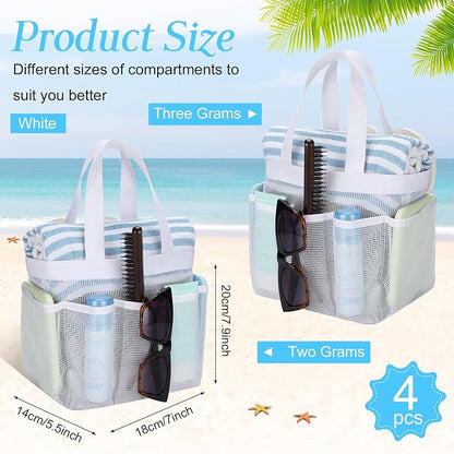 Hillban 4 Pcs Mesh Shower Caddy Portable Shower Caddy for Dorm Beach Mesh Bags with Deeper 8 Pockets and Handles Showers Caddies Basket for Women College Room Vacation(White)