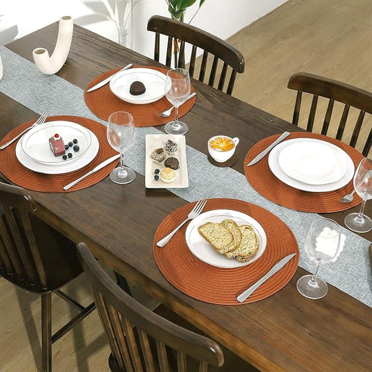 SHACOS Round Placemats Set of 8 Washable 15 inch Round Placemat Cotton Polyester Woven Braided Table Place Mats for Dining Table Wedding Party Decor, Dark Orange