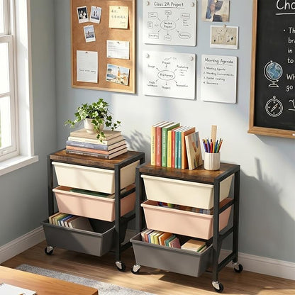 Rolling Cart with 3 Drawers, Plastic Drawer Storage Carts with Lockable Wheels & Wooden Tabletop, Metal Art Craft Utility Cart Organizer for Home Office Bedroom Dorm Bedside Classroom, Dark Brown