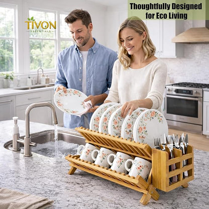 Bamboo Dish Drying Rack with Utensil Holder & Absorbent Dish Drying Mat|3Tier Collapsible Wooden Dish Rack for Kitchen Countertop|Large Foldable Dish Drainer|Kitchen Organizer for Plates Cups utensils