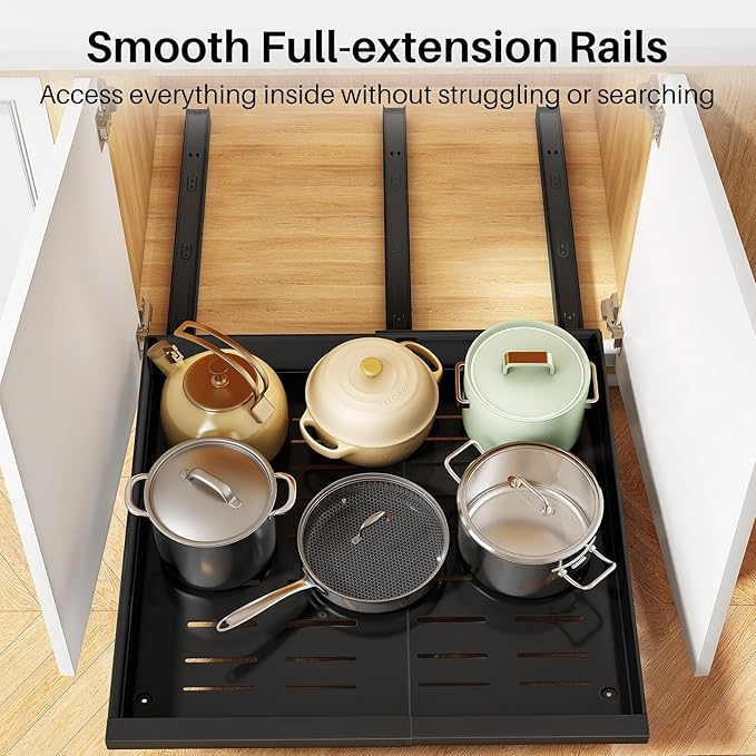 Pull out Cabinet Organizer, 4-Pack Expandable(13.6"-24") Silde out Drawers with Raising Pad for Framed Cabinets, Adjustable Full-Extension Roll out Shelves for Kitchen Pantry Home Pot and Pan(Black)