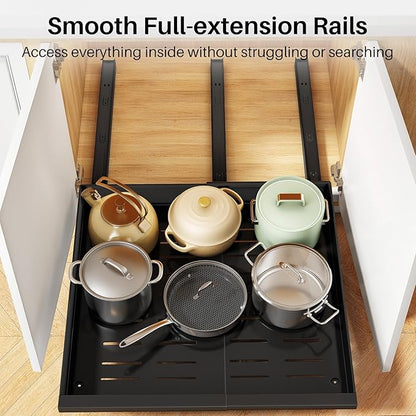 Pull out Cabinet Organizer, 1-Pack Expandable(13.6"-24") Silde out Drawers with Raising Pad for Framed Cabinets, Adjustable Full-Extension Adhesive Roll out Shelves for Kitchen Pantry Home Pot and Pan