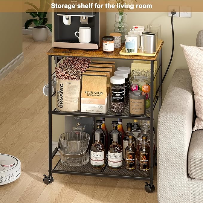 ThreeHio Rolling Kitchen Microwave Cart with Power Outlet, 3 Tier Microwave Table Stand with Storage, Kitchen Utility Cart on Wheels, Small Coffee Cart Shelf Rack Organizer for Living Room Office