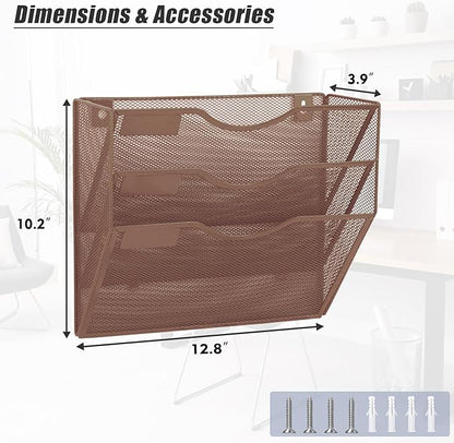 EASEPRES 3 Pocket Mesh Hanging Wall File Organizer, Wall Mounted Mail Paper Document Folder Holder, Clipboard Storage Organization Magazine Rack with Nametag Label for Office Home School, Brown