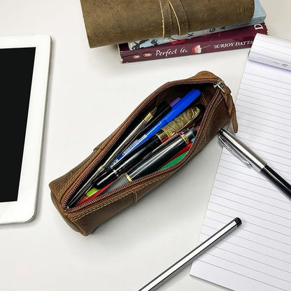 Rustic Town Leather Pencil Case - Full Grain Leather Zippered Pen Pouch - Stationery Bag Pen Holder for Work & Office
