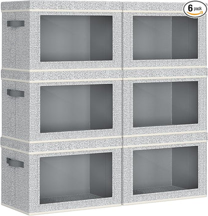 Collapsible Storage Bins with Lids - Stackable Storage Containers with Window, 6 Pack Fabric Cube Bins for Closet, Home & Office Organization Baskets, Light Gray, 14.9" x 9.8" x 9.8"