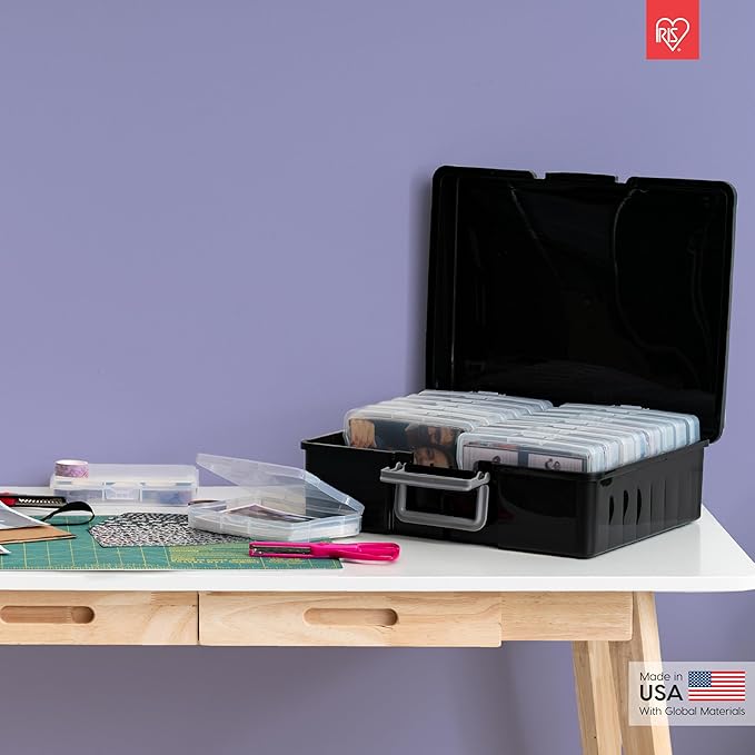 IRIS USA Photo Storage Case with 16 Inner 4" x 6" Picture Cases, Opaque Picture Container with Handle for Light-Sensitive Organization, Scrapbooking Stationery Ephemera Keepsakes Art Supplies, Black