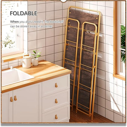 4NM No Assembly Folding Bookshelf, 5 Tiers Collapsible Book Shelves Open Industrial Foldable Storage Bookcase Shelf for Bedroom, Living Room, Home Office - Brown and Gold