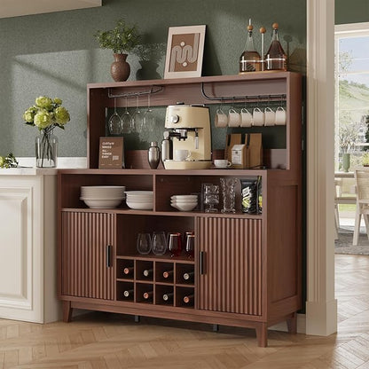 Fluted Buffet Cabinet with Storage, Modern Coffee Bar Cabinet with Outlet, Removable Wine Rack, Multi-Functional Accent Liquor Cabinet for Living Room, Entryway, Kitchen, Walnut
