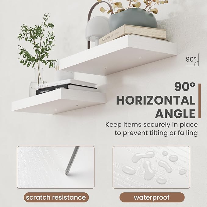 Acovy 40 Inch Floating Shelves, 8 Inch Deep Floating Shelves for Wall, Hanging Shelf with Invisible Brackets, Deep Shelves for Bathroom, Bedroom, Living Room, White, Set of 2