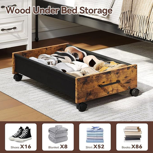 FOUCSSOMEI Under Bed Storage with Wheels, Wooden Under Bed Drawers On Wheels, Rolling Under Bed Shoe Storage, Space Saving, Rustic Brown,30L