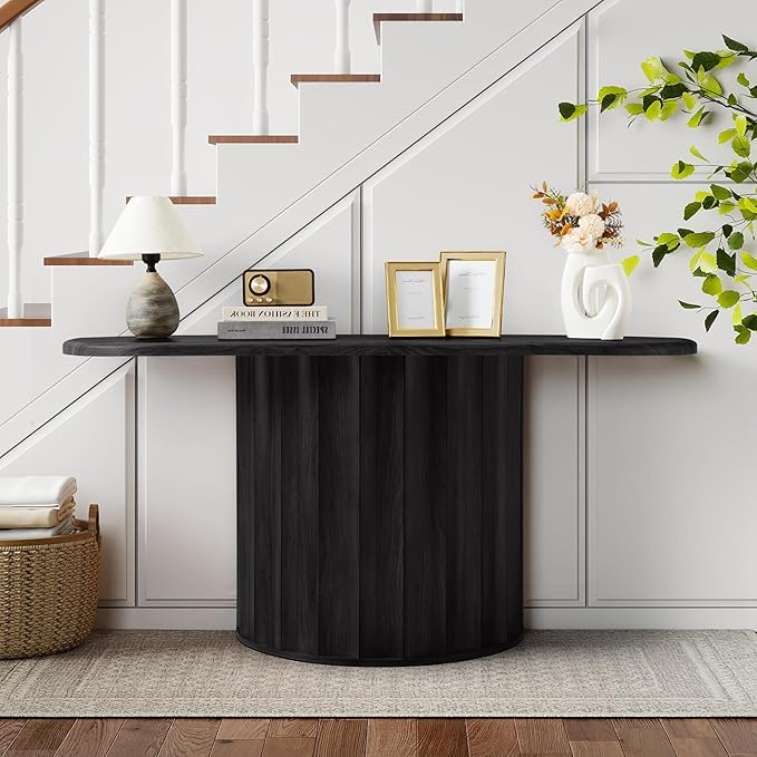 Fluted Console Table, 59'' Narrow Wooden Sofa Tables Behind Couch, Modern Entryway Table with Storage Curved Accent Table for Hallway, Living Room, Entrance, Foyer (Black)