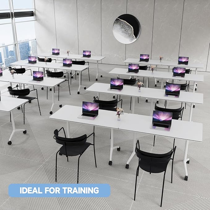 6pcs 70.9 Inch Folding Conference Table with Silent Wheels,Mobile foldable Flip Top Rectangular Meeting Tables for Office Training classroom,Locking Rolling Modular White Desk for Space Saving
