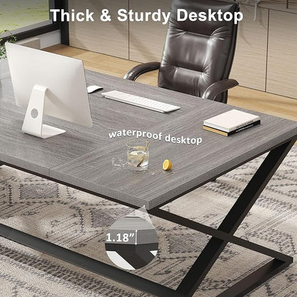 IBF Large Home Office Computer Desk, Industrial Long Work Study Writing Desk, Simple Executive Conference Table for 2 Person, Wood Metal Double Pc Gaming Workstation in Bedroom, Light Grey Oak, 70 in