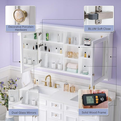 WELLFOR 55 x 30-in Bathroom Cabinet with Double-Side Mirrors, Wall Mounted Wood Mirror Storage Cabinet with 2 Soft-Close Door/ 6 Solid Wood Shelves, Anti-Fog Glass, Z-bar Hangs Vertically, White