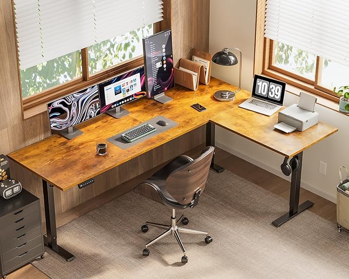 OffiGo 71 Inch Reversible L Shaped Electric Standing Desk, Height Adjustable Corner Stand up Desk, Ergonomic Large Lift Computer Table for Home, Office, Workstation, Rustic Brown