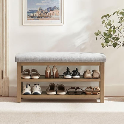 2 Tier Shoe Rack Bench with Cushion, Solid Wood Shoe Benches, Mid-Century Modern Shoe Storage Bench for Entryway, Hallway, Living Room, Closet, Front Door Entrance, (Grey, 39.4")