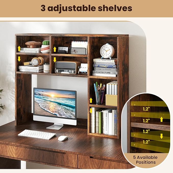 Desk Hutch, Desktop Shelf with 7 Shelves, Desk Bookshelf w/Anti-Toppling Devices, Wood Table Top Bookshelf Organizer, Small Desk Shelf for Study, Office, Dorm (Rustic Brown, 7 Shelves)