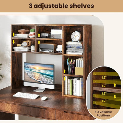 Desk Hutch, Desktop Shelf with 7 Shelves, Desk Bookshelf w/Anti-Toppling Devices, Wood Table Top Bookshelf Organizer, Small Desk Shelf for Study, Office, Dorm (Rustic Brown, 7 Shelves)