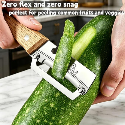 TEEVEA Vegetable Peeler, Stainless Steel Blade Wooden Handle | Multifunctional 2-in-1 kitchen tool, zero flex zero snag, with bottle opener for fruit potato apple veggie