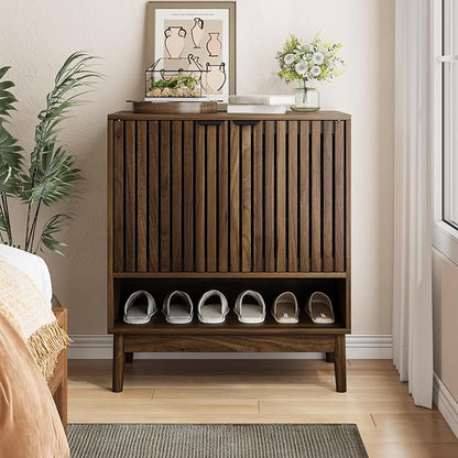 Shoe Cabinet with Slatted Doors, 4 Tier Freestanding Shoe Cabinet Storage for Entryway, Narrow Entryway Shoe Organizer Cabinets with Shelves (Walnut, 27.6" Wide)
