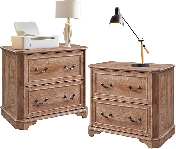 T4TREAM 34" Lateral File Cabinet Set of 2 w/2 Drawers, Farmhouse Filing Cabinet w/34 Wide Wooden Tabletop & Smooth Rails, Holds Letter/Legal, Hexagonal Design & Framed Drawer Fronts, Light Knotty Oak